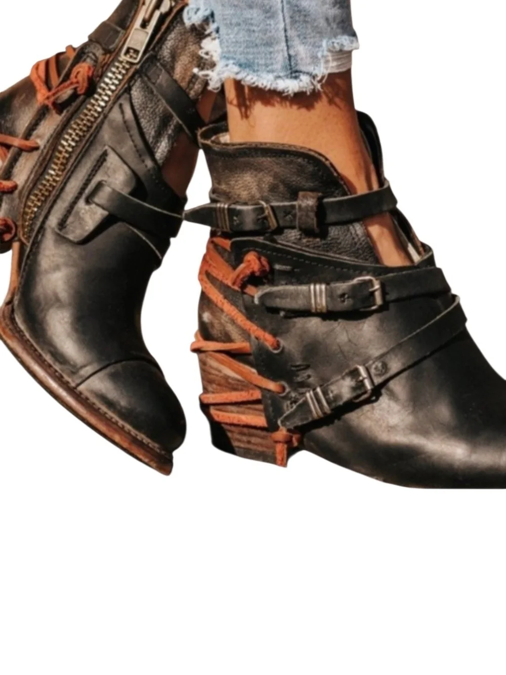 Freebird Crue Leather Buckle Cutout Ankle Boots - Black & Brown